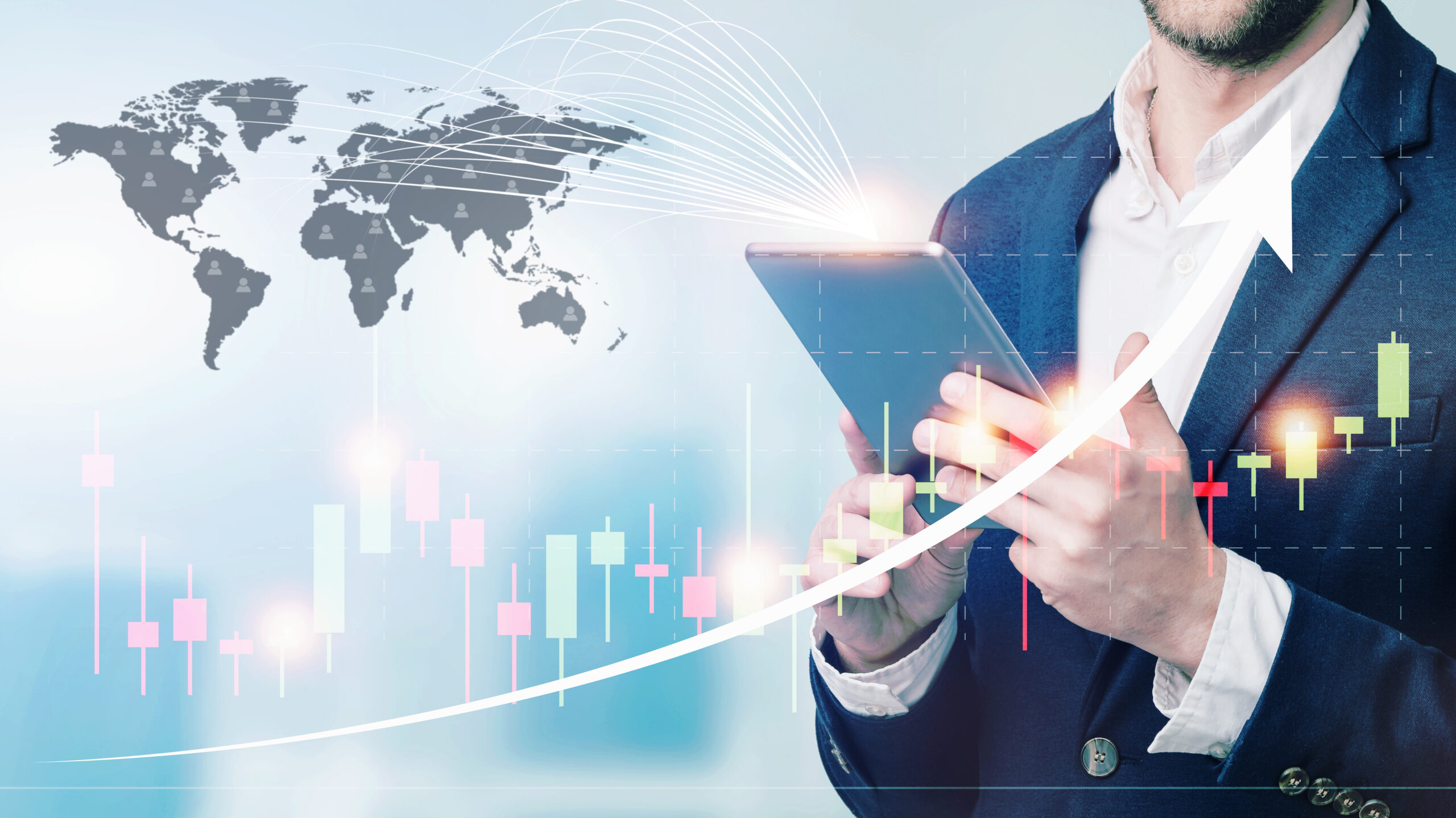 Double exposure of businessman using the tablet with cityscape and financial graph on blurred building background, Business Trading concept Favourable_Business_Environment_Seeff_Mauritius